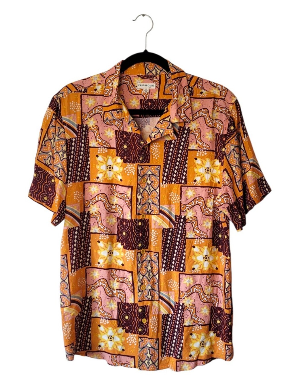 Earthbound Men's Short-Sleeve Abstract Boho Shirt - Orange, Pink, Brown Size S